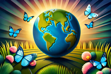 safe earth, green enviroment, butterfly, day of earth concept art, IA generativa