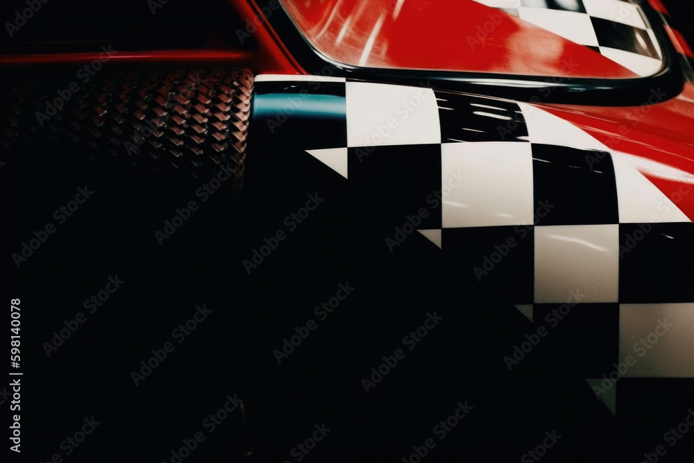 Poster a closeup view of a checkered rally racing car with a red and white stripe detailing across its top.