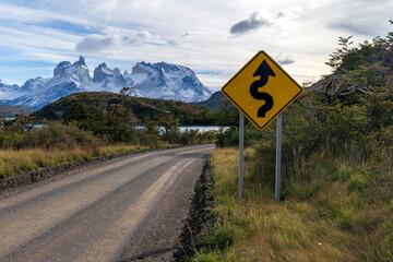 Sign on the road to Torres del Paine, Torres del Paine National Park, Patagonia, Chile