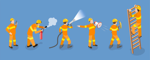 3D Isometric Flat Vector Set of Firefighter Characters, Emergency Rescue