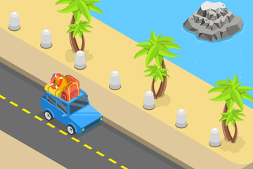 3D Isometric Flat Vector Conceptual Illustration of Summer Journey, Driving Along a Ocean Road