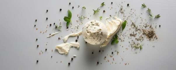 An aromatic explosion dollops of aromatic cream cheese with a pinch of freshly ground pepper and oregano.. AI generation. Generative AI