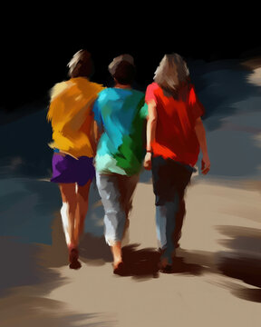 Three friends walking away in three separate directions their backs to each other. Psychology emotions concept. AI generation. Generative AI