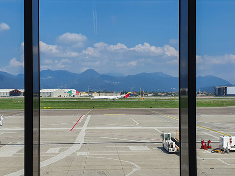 Pegasus aircraft on the runway in Bergamo Orio al Serio