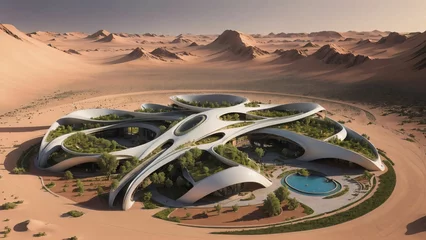 Foto op Plexiglas Landscape of a sci-fi futuristic garden-village human habitat on the surface of planet Mars - Generative AI Illustration © Starstruck