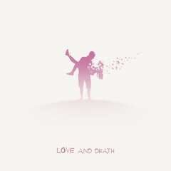 Lovers silhouette. Death, afterlife. Flying bird. Isolated silhouette