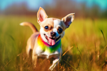 Adorable puppy, small dog, running on the meadow. Close up. Generative ai. High quality photo Generative AI