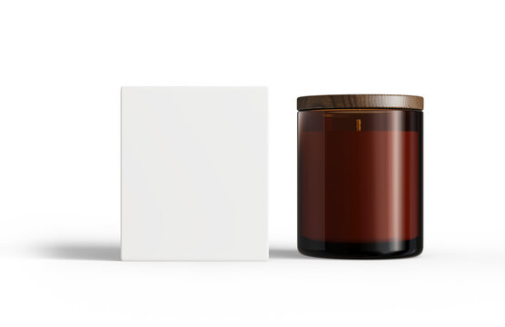 Amber glass candle jar with lid and box isolated on transparent background, container candle mockup