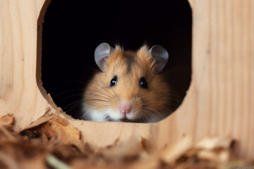 Cute hamster peeking though the hole in the wooden house. Generative ai. High quality photo Generative AI