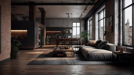Minimalist decor and open spaces in a loft-style apartment. AI generated