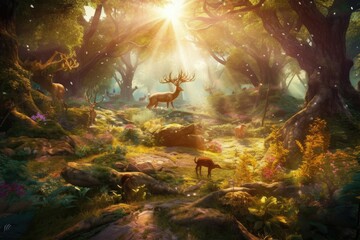 Whimsical forest glade, dappled with sunlight filtering through the trees and populated by colorful creatures that seem to have sprung straight from a fairy tale. Generative AI