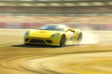Fototapeta na wymiar A powerful yellow sports car drifting around a track with the sunlight reflecting off its body. Speed drive concept. AI generation. Generative AI