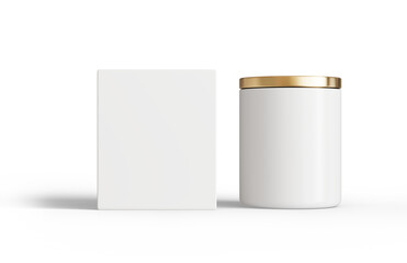 White ceramic candle jar with lid and box isolated on transparent background, container candle mockup