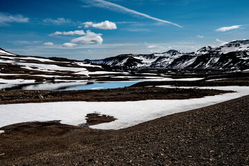 Cudowna Islandia w czerwcu topnienie i błękitne niebo