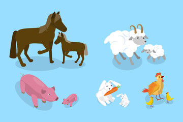 3D Isometric Flat Vector Set of Farm Animal Families, Domestic Children and Parents