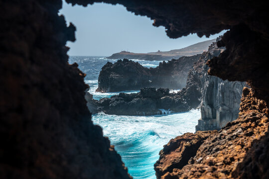 Views of the cliffs from the volcanic trail in the town of Tamaduste on the coast of the island of El Hierro, Canary Islands, Spain