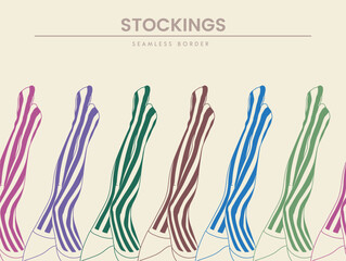 Female legs in tights. Striped stocking. Border with woman body part