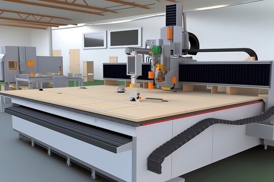 Large stationary CNC machine in the furniture industry. Generative AI