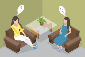 3D Isometric Flat Vector Conceptual Illustration of Psychological Support For Pregnant, Family Therapy