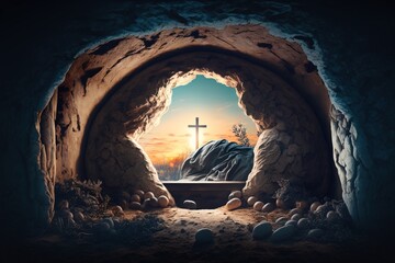 Religious Easter background. Exit from the cave in the form of a cross