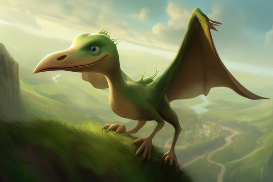 A Pterodaustro takes flight over an emerald landscape of rolling hills.. AI generation. Generative AI