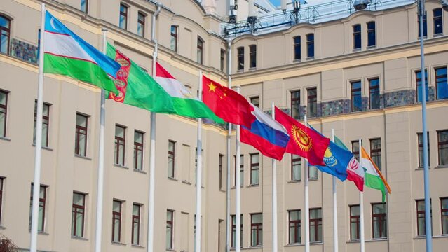 flags of different countries: Azerbaijan, Turkmenistan, Kurdistan, China, Russia, Kyrgyzstan, Kazakhstan, Iran, India