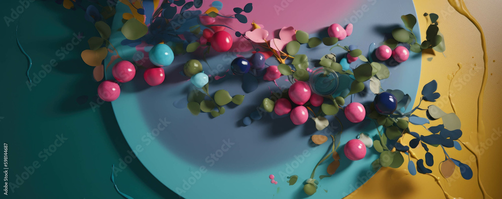 Poster A sea of vibrant hues and smoothlyblended tones encapsulated by a delicate circle of foliage.. AI generation. Generative AI