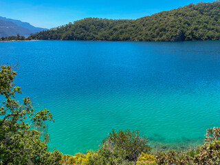 Obraz premium Close-up view of Oludeniz in Muğla Fethiye, deep blue sea and forest