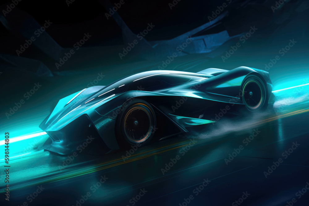 Poster an angular teal endurance racing car dodging obstacles in the arena speed drive concept. ai generati