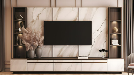 Classic luxury TV wall mock up with lighting. Modern interior of light beige living room with cabinet for tv on marble wall background. 3d rendering. High quality 3d illustration