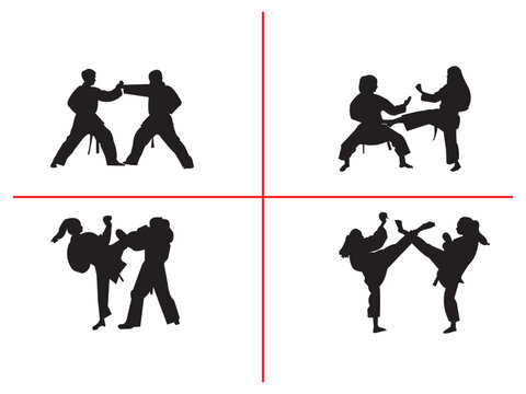 Karate player vector design and illustration. karate silhouettes. Vector set of karate fighting players in various poses.