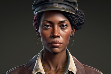 Working class afro American woman in working clothes, fictitious person. AI generated image