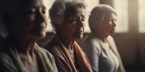 Elderly women meditating with closed eyes. Generative AI.