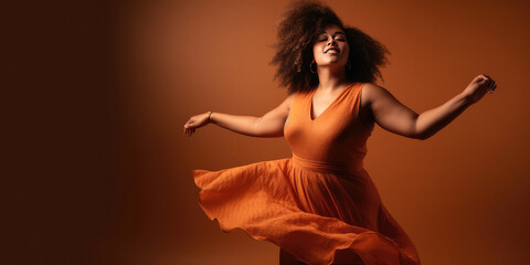 Portrait of african american woman dancing in orange dress with copy space. Generative AI.