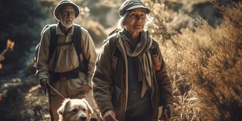 Elderly couple walking hiking with dog. Generative AI.