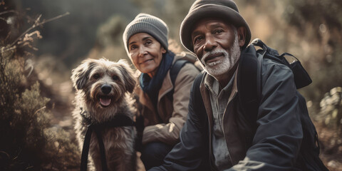 Elderly diverse couple hiking with dog. Generative AI.