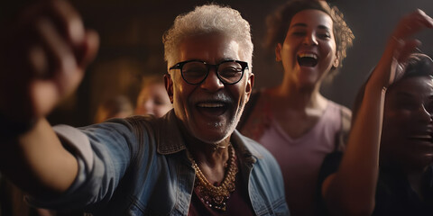 Obraz premium Portrait of happy elderly man dancing in club. Generative AI.