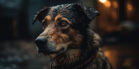 Wet sad dog sitting on street during raining weather. Generative AI.