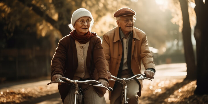 Couple of seniors on bicycles in autumn park. Generative AI.