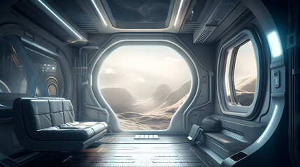 Concept art illustration of sci-fi futuristic interior of space station