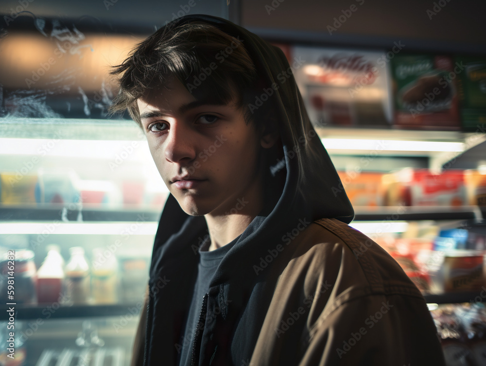 Aufkleber a man standing in front of a refrigerator in a store. ai generative image