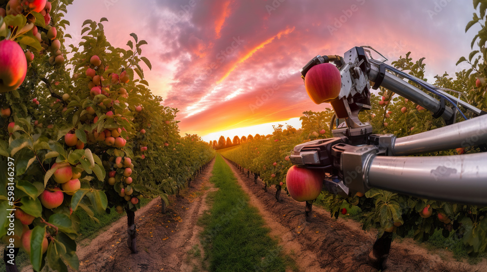 Poster an apple orchard at sunset with a robot in the foreground. ai generative image