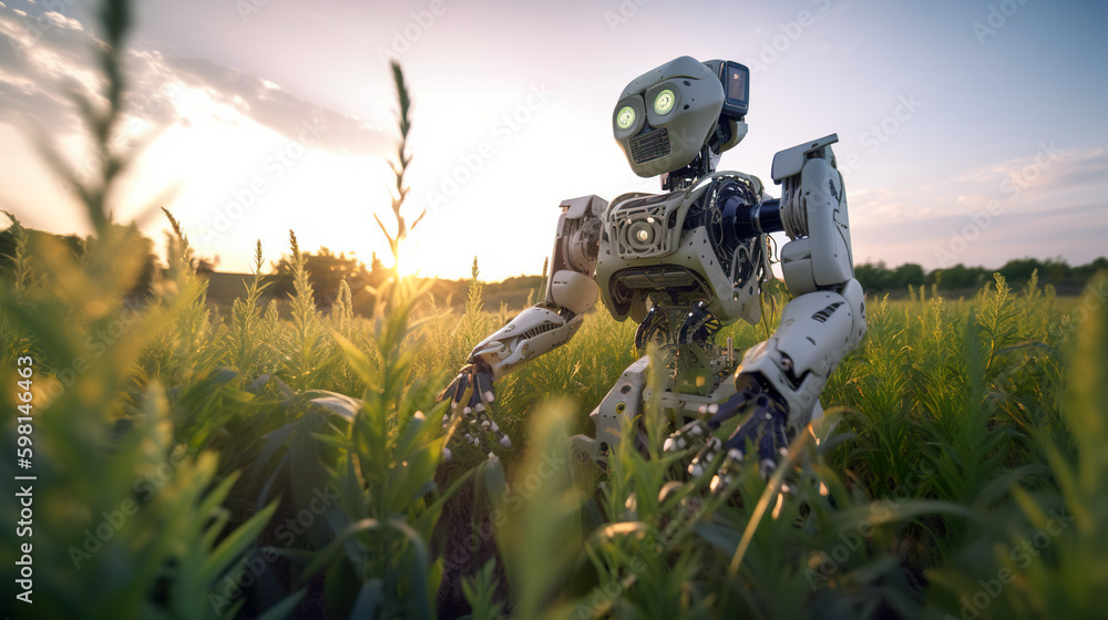 Poster a robot standing in a field of tall grass. ai generative image