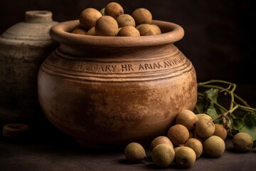 An earthen jar labeled 'amla churna', a traditional Ayurvedic antioxidant and rejuvenator. Capture one of the ancient ingredients at the heart of Ayurvedic herbal medicine. Generative AI