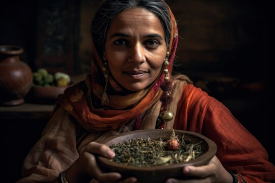 A close-up portrait of an Ayurvedic practitioner holding dried herbs, botanicals and spices. Ultra detailed textures to highlight exotic ingredients used in Ayurvedic medicine. Generative AI