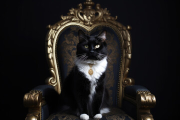 A regal Black and White Tuxedo cat sitting on a royal throne, Generative AI