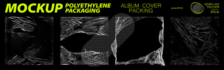 Transparent polyethylene packaging, overlay texture with torn, wrinkle, defects. Old transparents plastic bags for album cover, CD, vinyl. Plastic packaging mockup set, overlay effect - polyethylene.