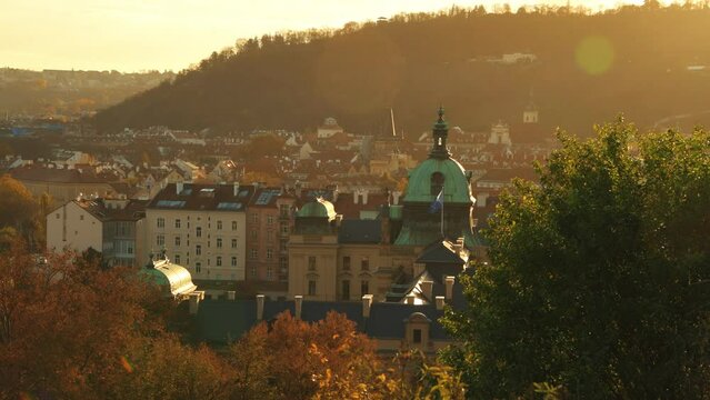 landscape with Straka Academy dome in the evening in autumn in Prague, Czech Republic.