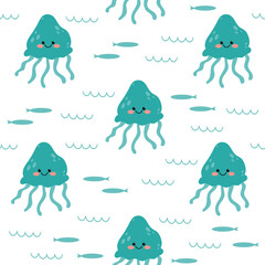 Cute kawaii summer sea animals jellyfish and fish seamless pattern. Vector illustration of children's cartoon characters. Design element for cards, posters, banners, summer design for print