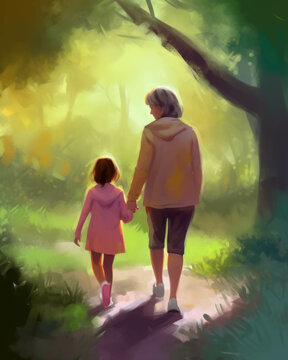 A mother and daughter hold hands walking through a park as the mother offers words of comfort and support Psychology emotions concept. AI generation. Generative AI